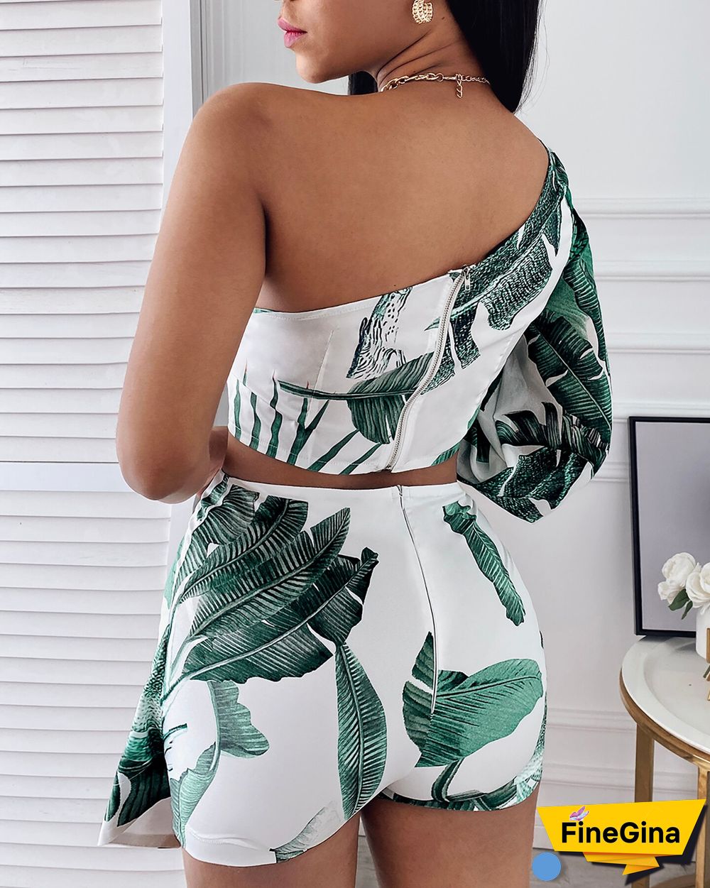 New Women's Summer Tropical Print Long-sleeved Blouse And Skirt Suit, Casual Leaf Design, Asymmetrical Tight-fitting 2-piec