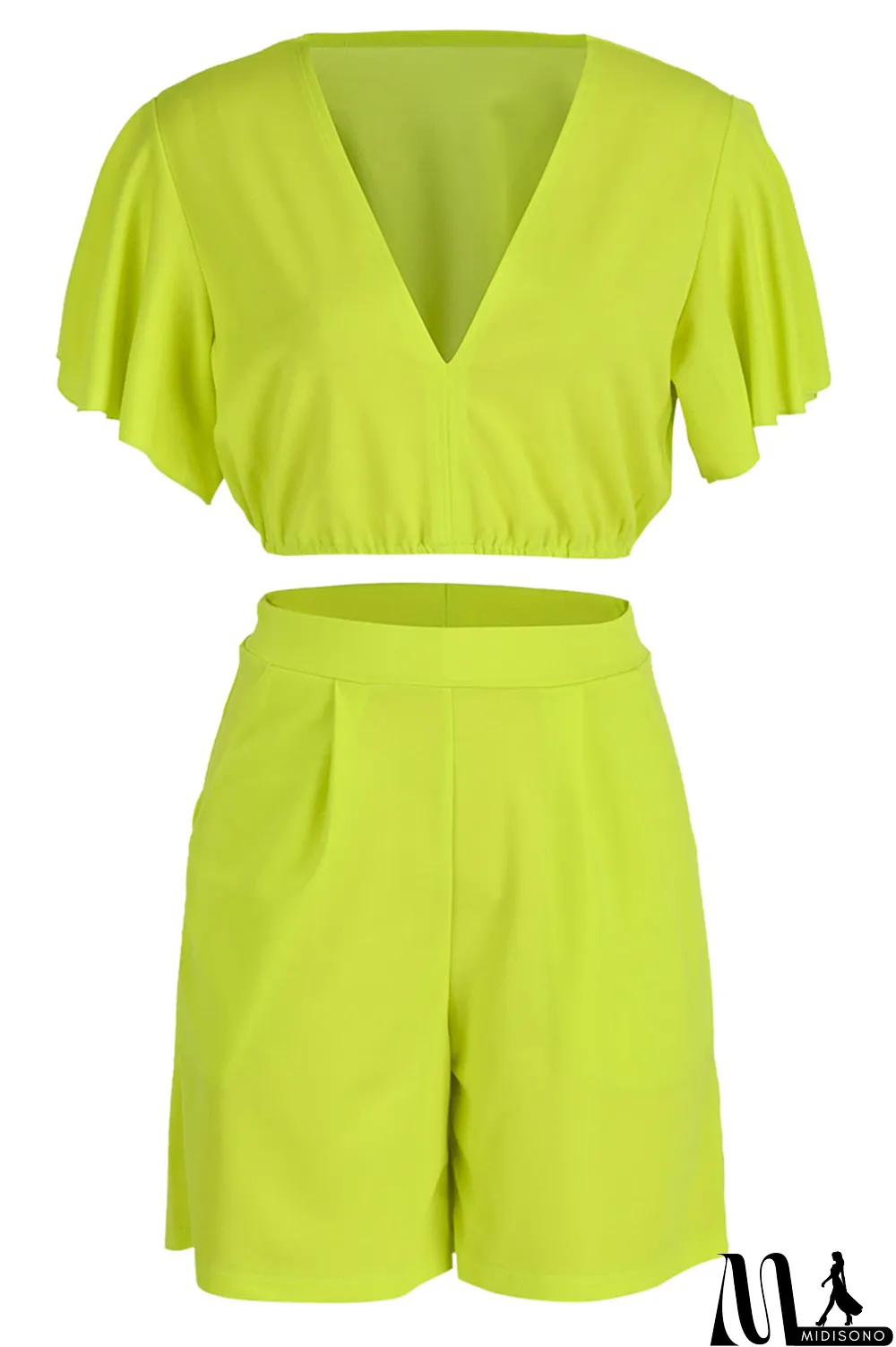 MidiSono - Yellow Casual Solid Patchwork Flounce V Neck Short Sleeve Two Pieces