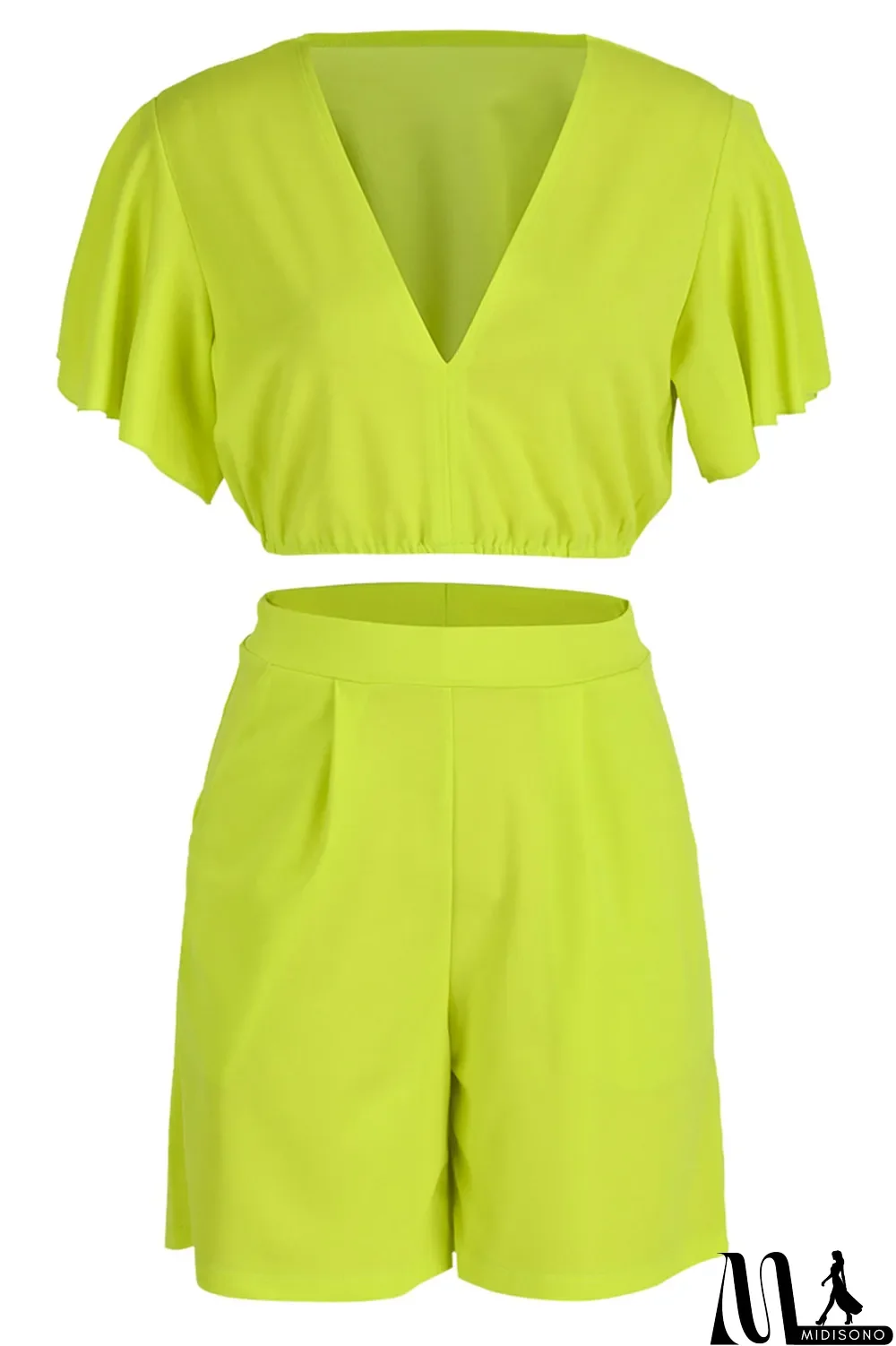MidiSono - Yellow Casual Solid Patchwork Flounce V Neck Short Sleeve Two Pieces