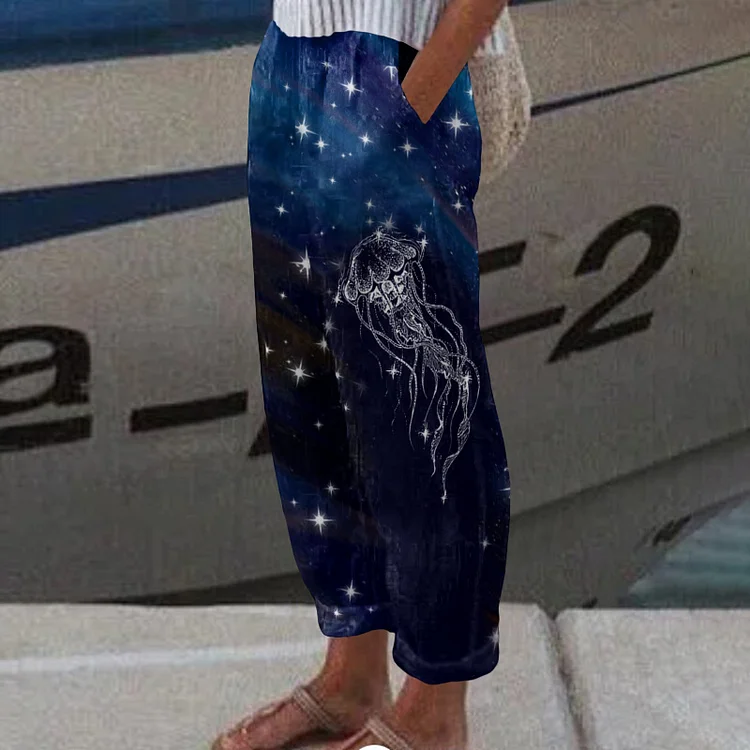 Starry Sky Jellyfish Aurora Print Casual Pocket Pants