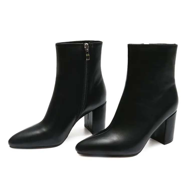 75mm Women's Zipper Pointed Toe Chunky Block Heel Ankle Boots-vocosishoes