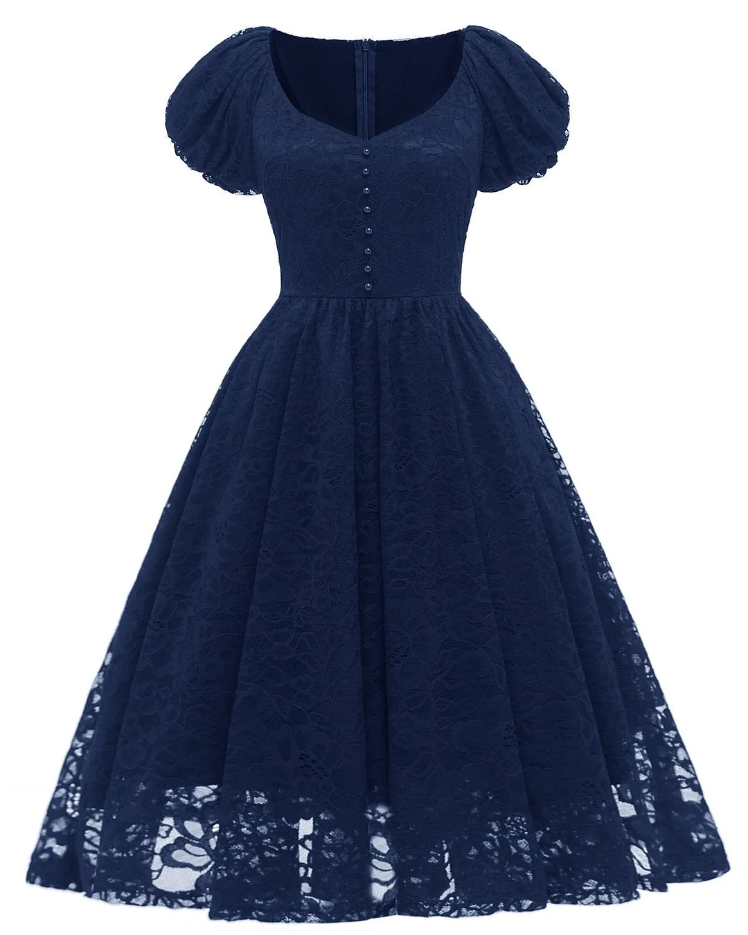 1950s Dress Round Neck Puff Sleeve High Waist Lace Swing Dress
