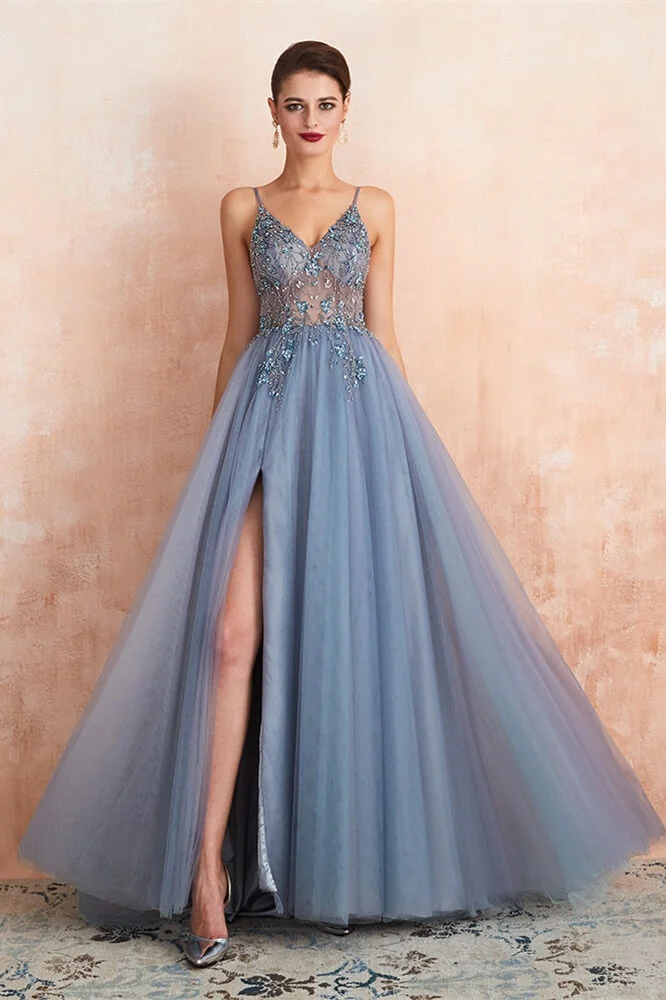 Gorgeous Spaghetti-Straps V-Neck Prom Dress Beadings SPlit Tulle Long Open Back - lulusllly