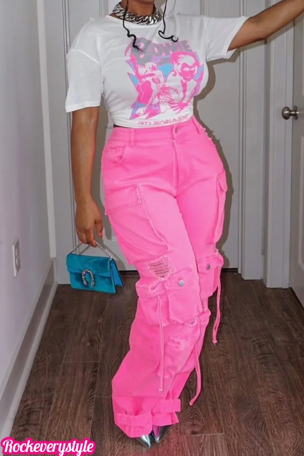 Vintage Casual Distressed Cargo Wide-Leg Jeans
