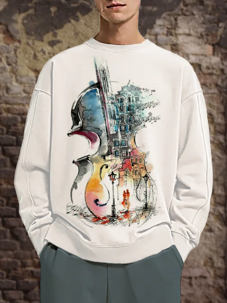 Men's Violin Watercolor Building Painting Print Sweatshirt