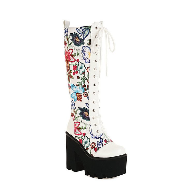 Trendy Floral Embroidered Paneled Round Toe Chunky Heel Fleeced Platform Boots