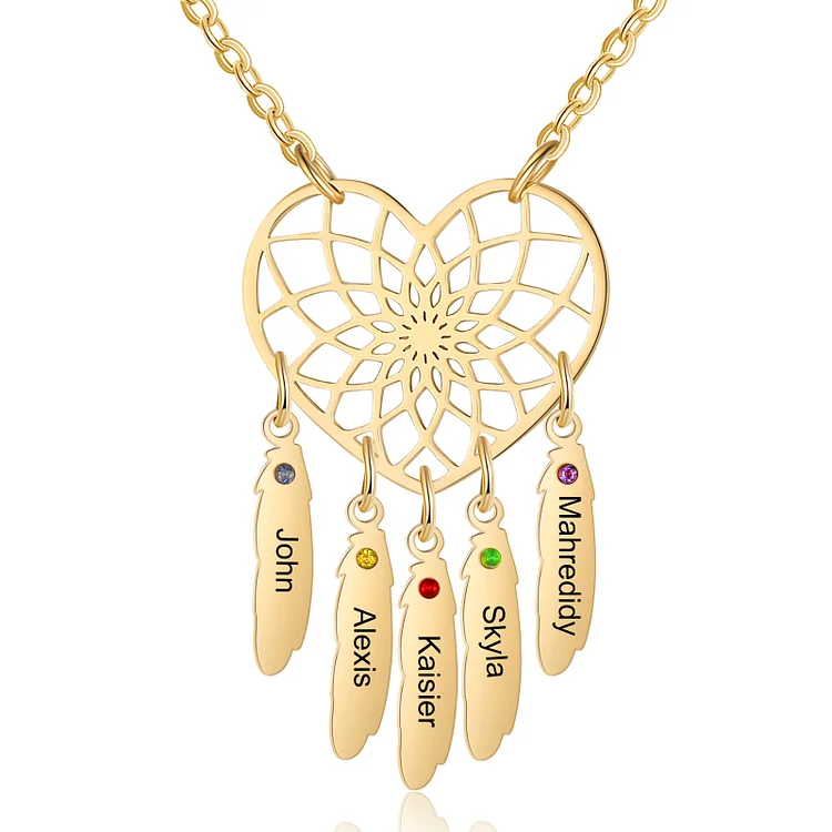Heart Dream Catcher Necklace Custom 5 Names Birthstones Necklace for Her