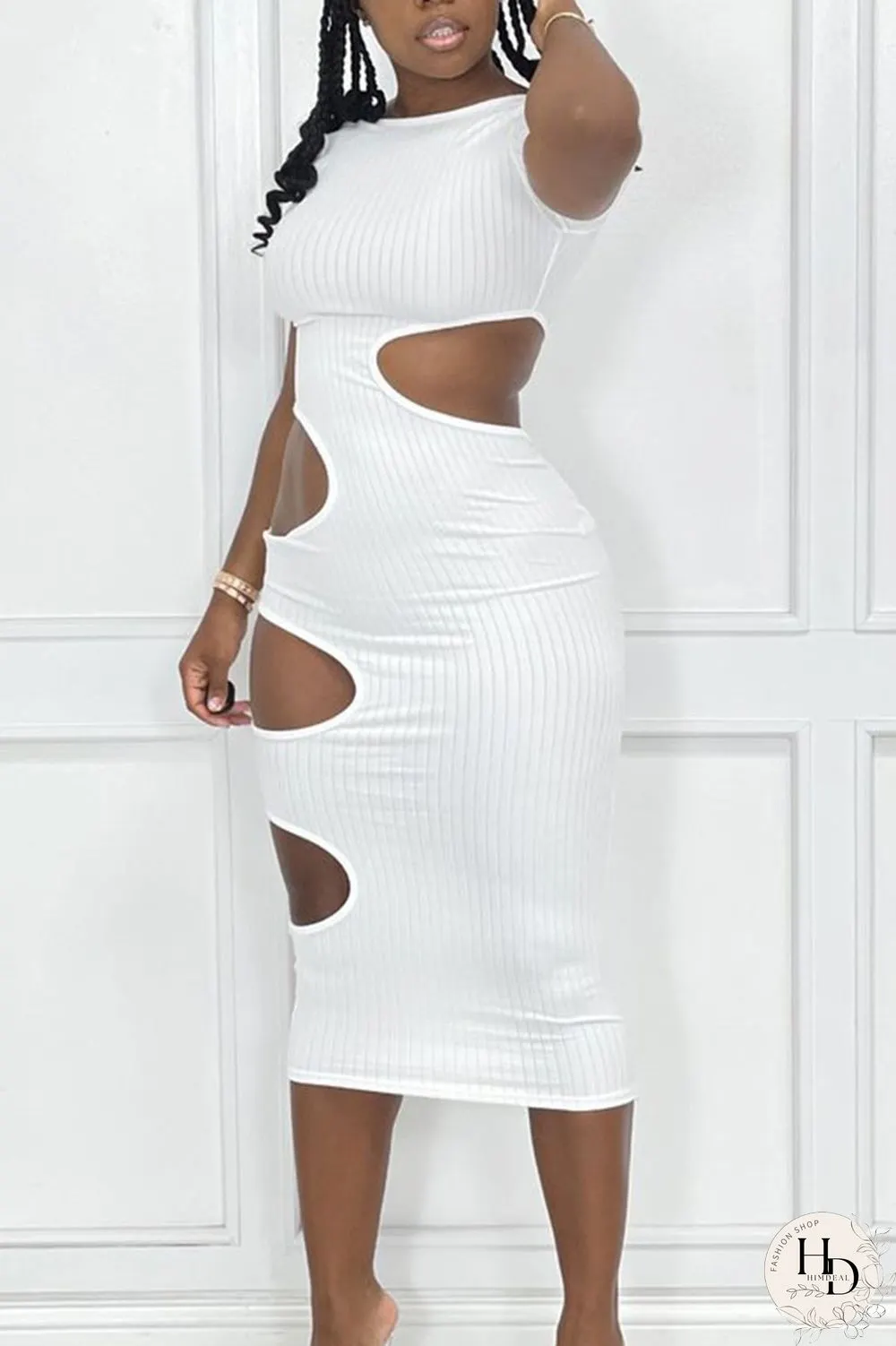 Blue Sexy Solid Hollowed Out Split Joint O Neck Pencil Skirt Dresses