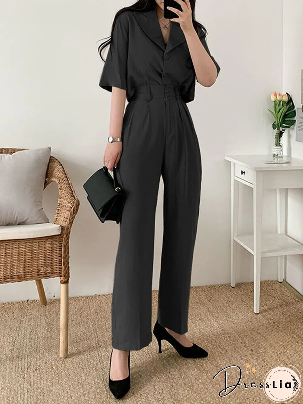 Solid Button Front Pocket Lapel Short Sleeve Two Pieces Suit