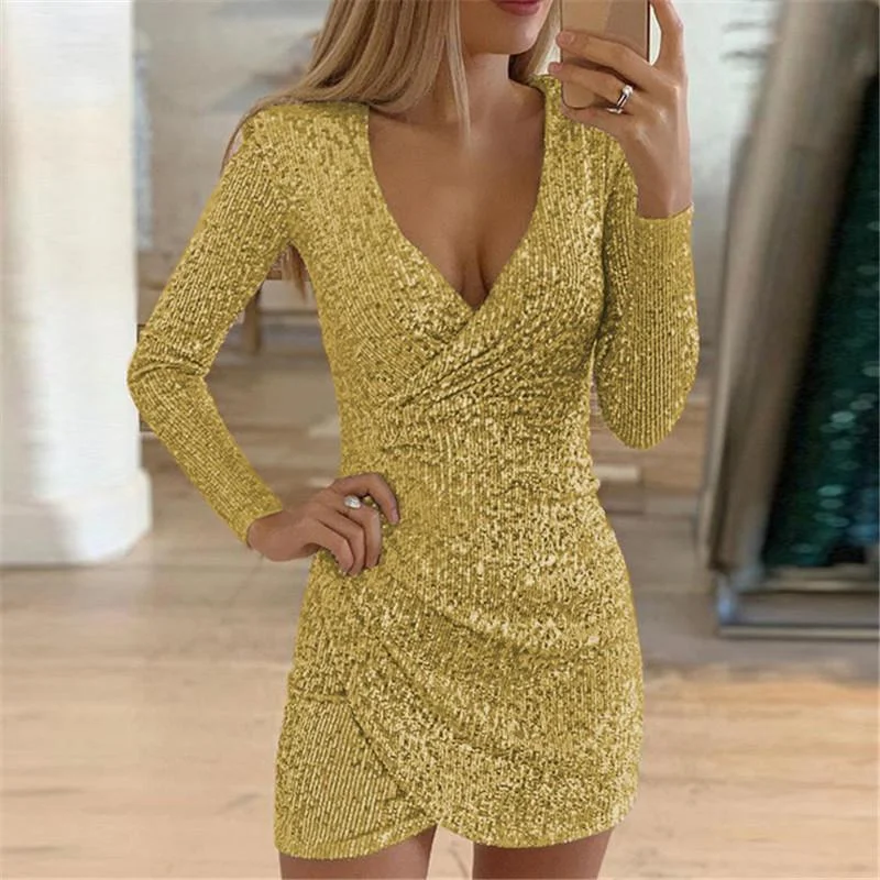 Women's Sequin Deep V-neck Long Sleeve Bodycon Dress