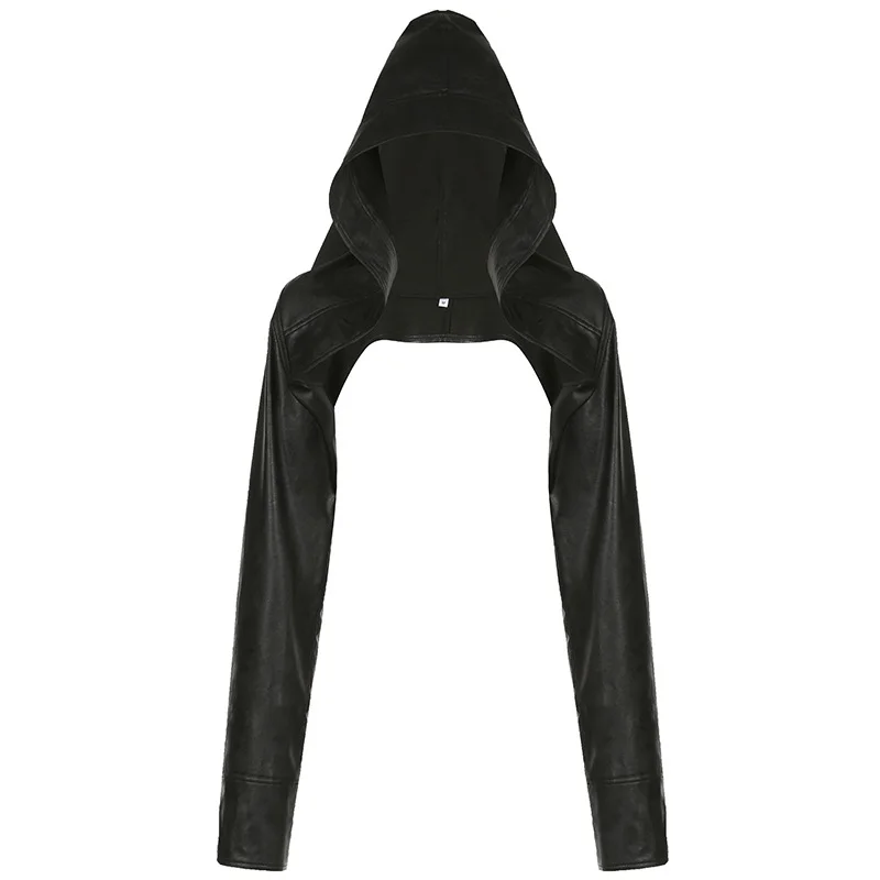Ueong Street Hipster With Hat Ultra-Short Locomotive Leather Long-Sleeved Pure Black Jacket 2024 New Cool