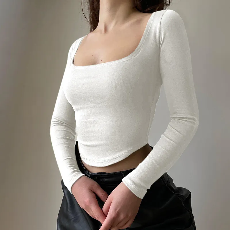 Churchf Churchf Square Collar Long Sleeves With T-Shirt Women's Winter Sexy Crop Slim Short Top