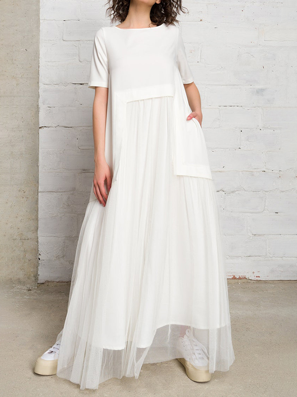 Short Sleeve Side Pocket Irregular Patchwork Tulle Maxi Dress