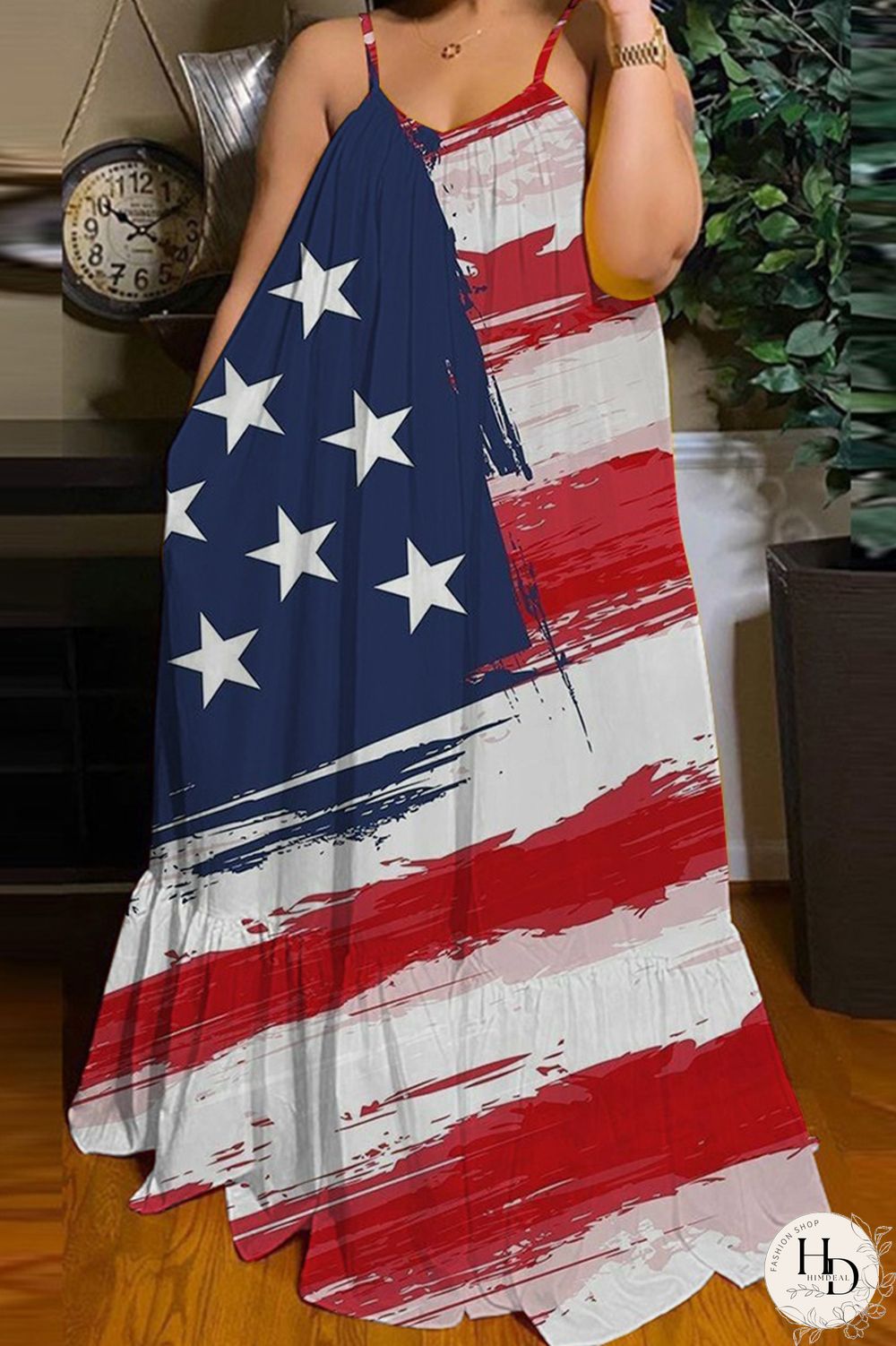 Blue White Fashion Casual Print Backless Spaghetti Strap Long Dress