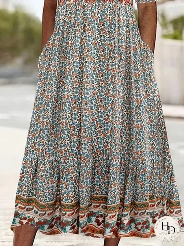 Casual Dress Summer Dress Boho Dress Floral Ruched Pocket Crew Neck Midi Dress Fashion Modern Outdoor Daily Short Sleeve Regular Fit Pink Dark Blue Light Blue Summer Spring S M L XL XXL for Women