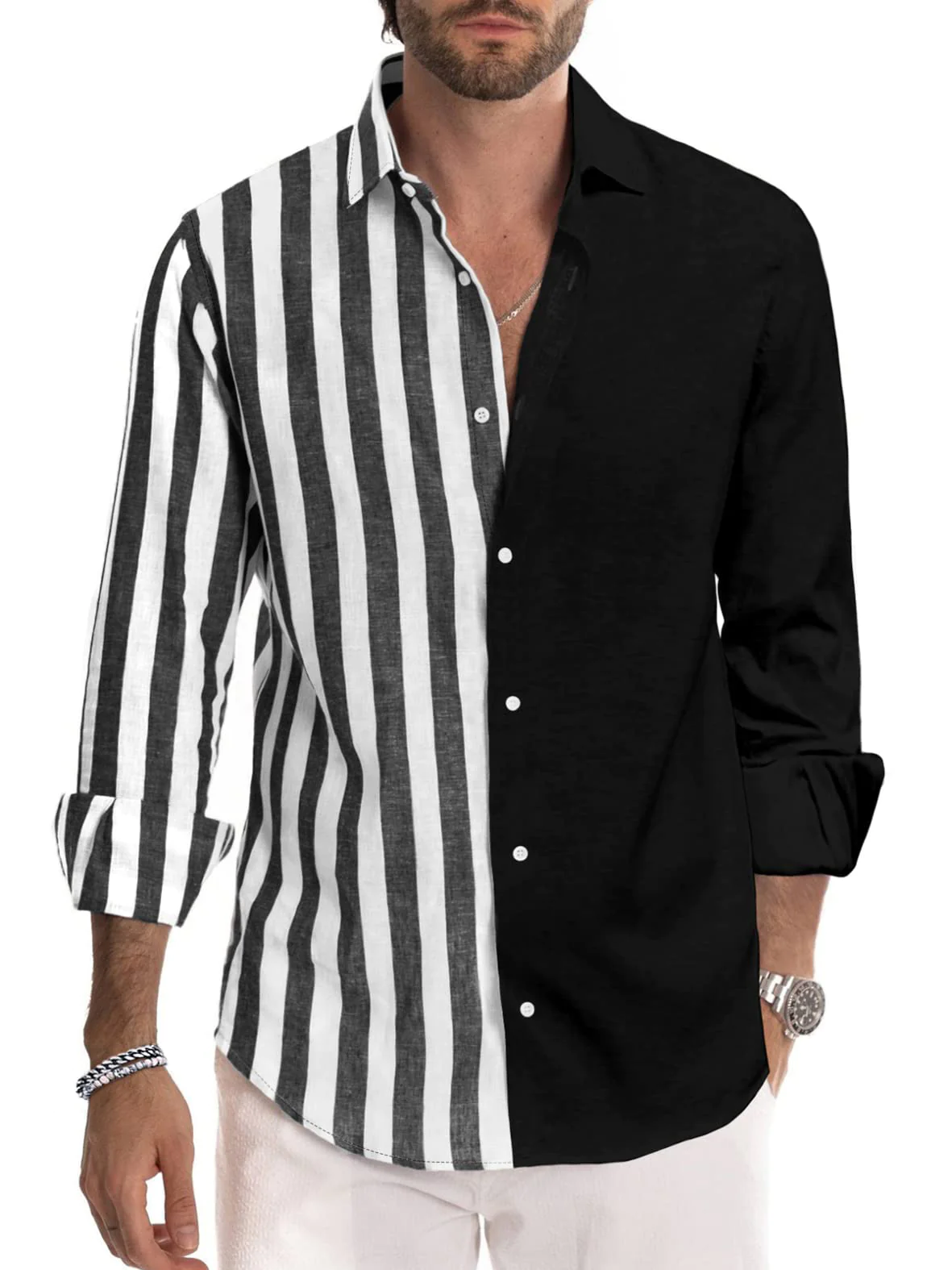 Men's Business Contrast Stripe Basic Long Sleeve Shirt PLUSCLOTHESMAN