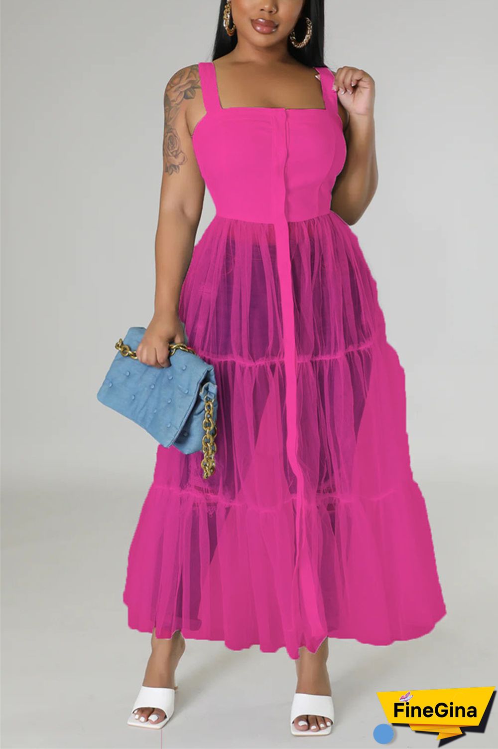 Black Casual Simplicity Solid Patchwork Fold Mesh Spaghetti Strap High Waist Tops