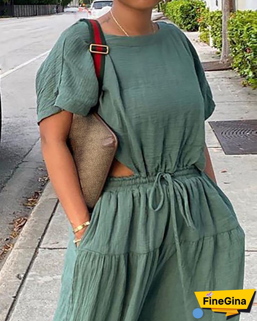 Short Sleeve Top & Pocket Design Drawstring Pants Set