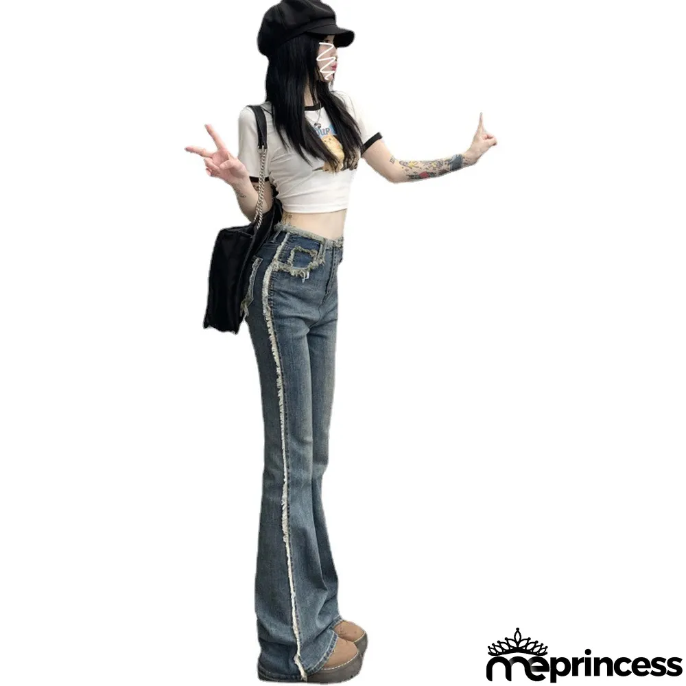 Blue Raw Edge Retro Denim Pants Women Spring High Waist Straight Leg Tight Fitting Slim Fit Micro Bell Bottom Jeans
