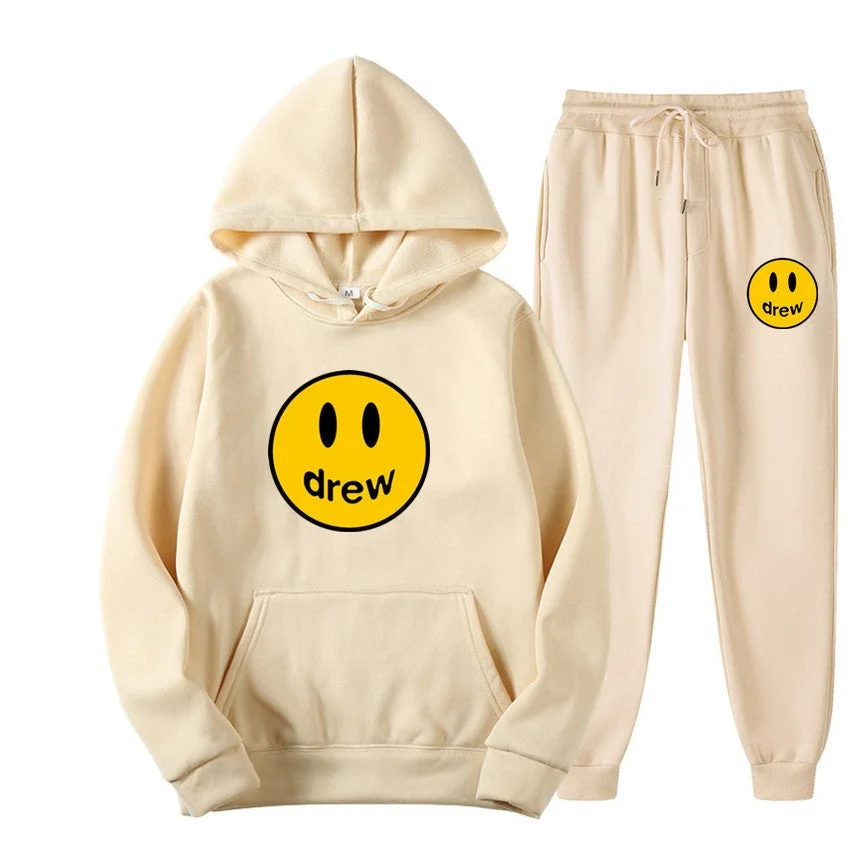Drew Smiley Face Sweatsuit Plush Thickened Sportswear Hoodie Set Solid