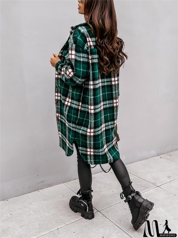 MidiSono - Cozy Warm Button Up Chest Pocket Lapel Collar Plaid Long Coat