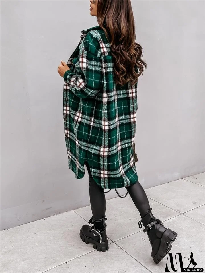 MidiSono - Cozy Warm Button Up Chest Pocket Lapel Collar Plaid Long Coat