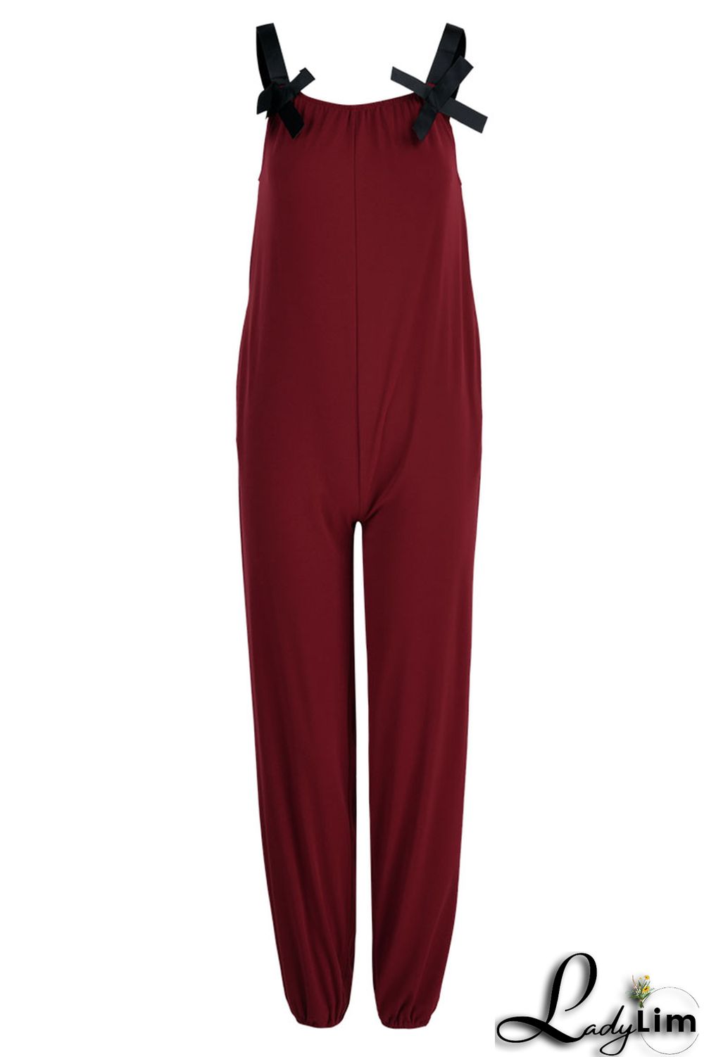 Burgundy Casual Solid Split Joint Spaghetti Strap Loose Jumpsuits