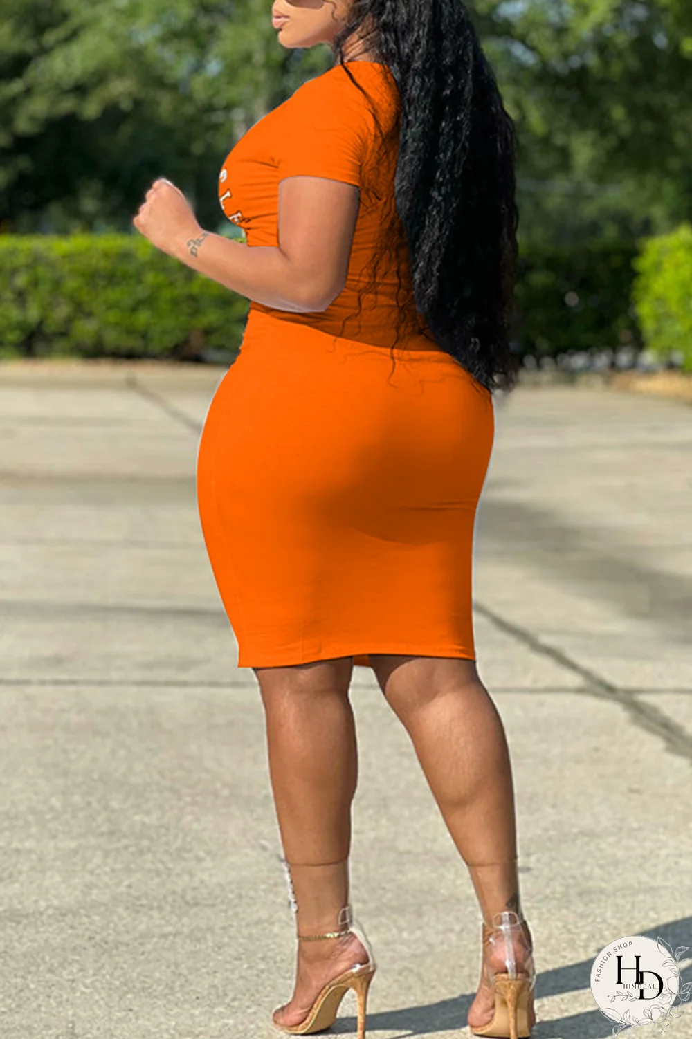 Tangerine Red Fashion Print Patchwork V Neck Pencil Skirt Dresses