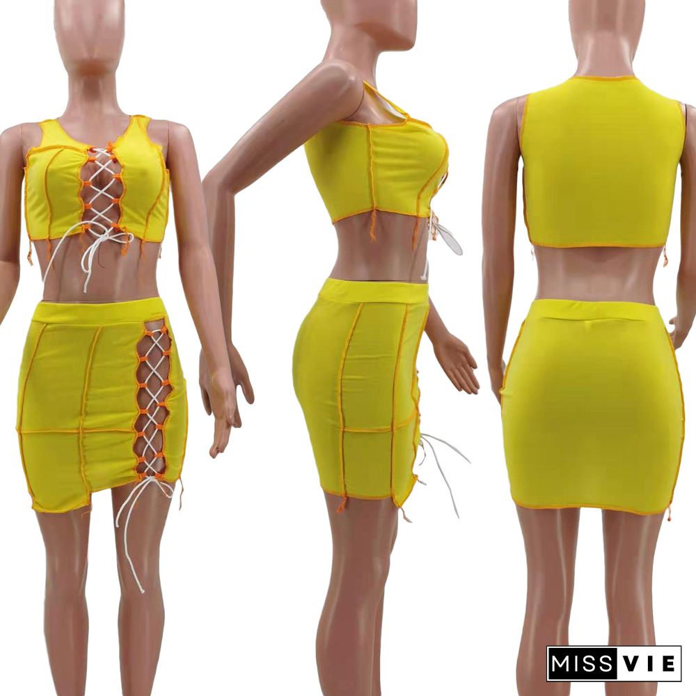 Women Lace Up Sexy Crop Tops Mini Skirts 2 Piece Matching Set
