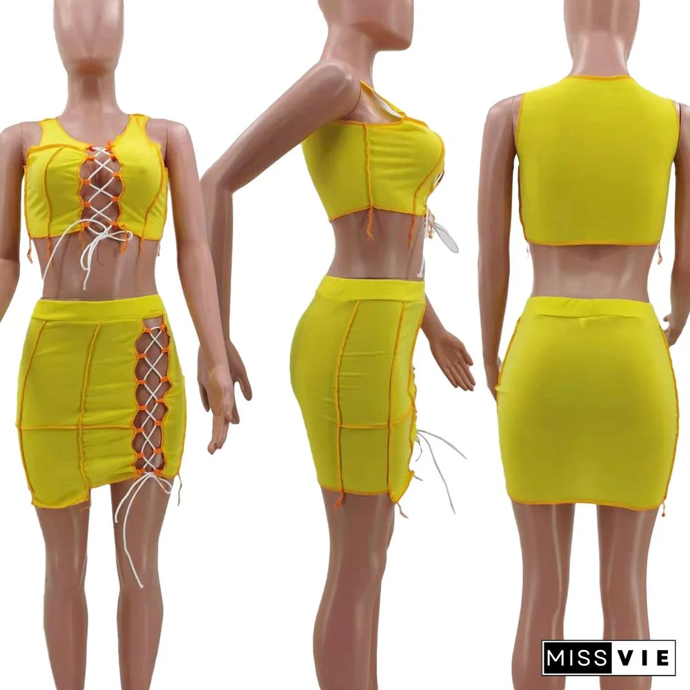 Women Lace Up Sexy Crop Tops Mini Skirts 2 Piece Matching Set