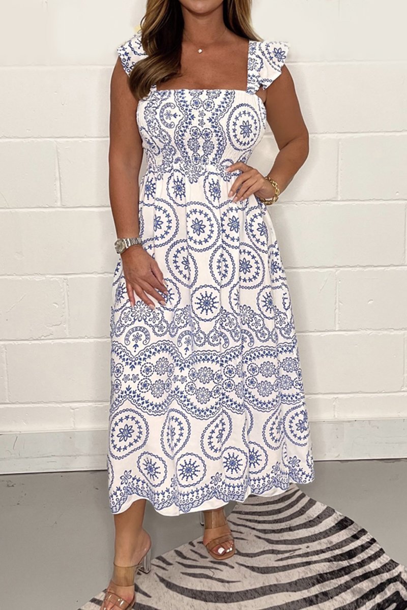 Printed hollow flying sleeve dress