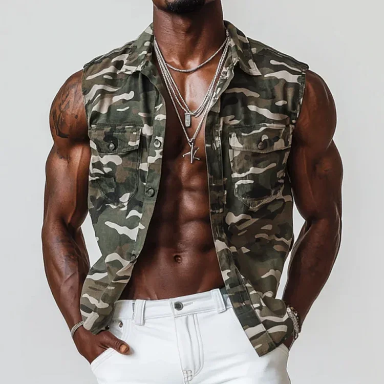 Men's Casual Outdoor Camouflage Cotton Lapel Chest Pocket Slim Fit Sleeveless Shirt