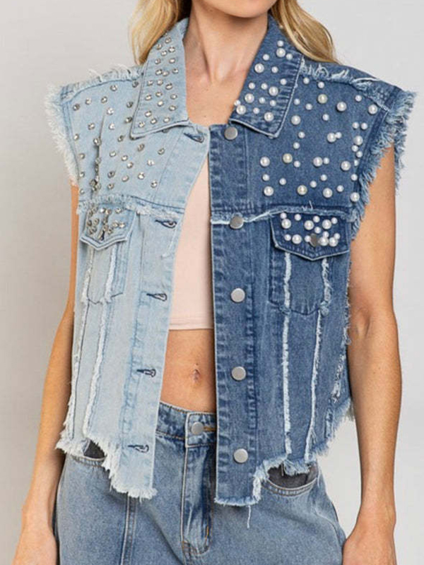 Studs Pearls Colorblock Frayed Edge Denim Vest