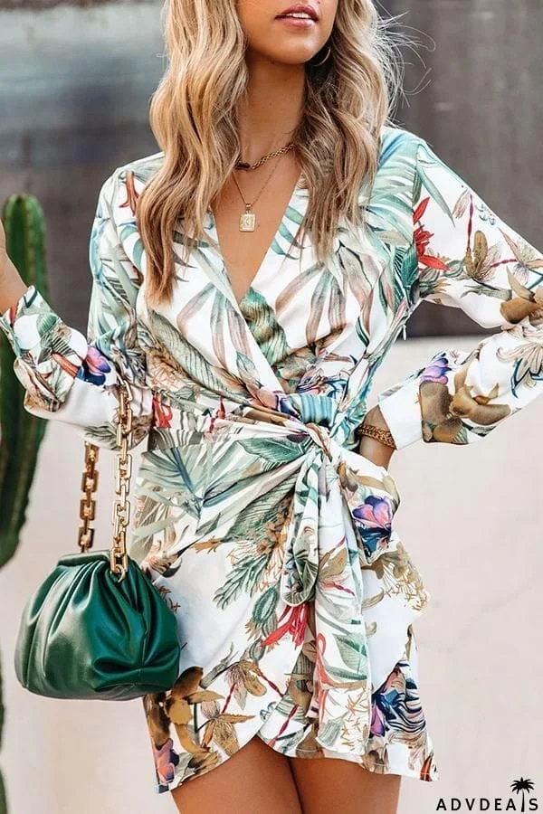 Palm Print Wrap Shirt Dress