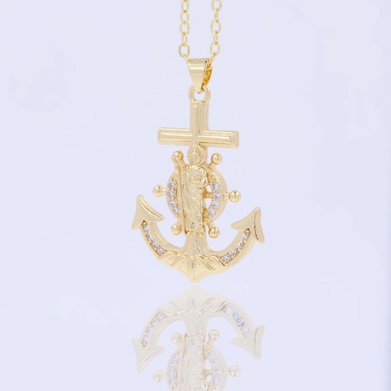 Copper 18K Gold Plated Marine Style Inlay Anchor Zircon Pendant Necklace