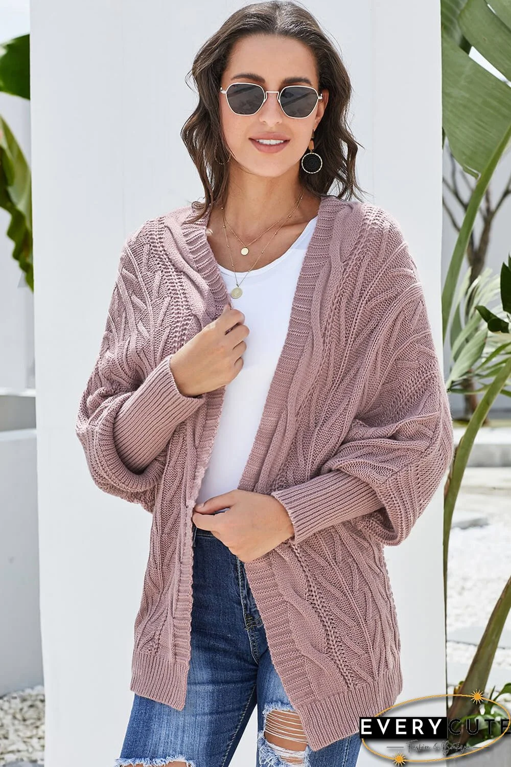 Pink Dolman Sleeve Open Front Knit Cardigan