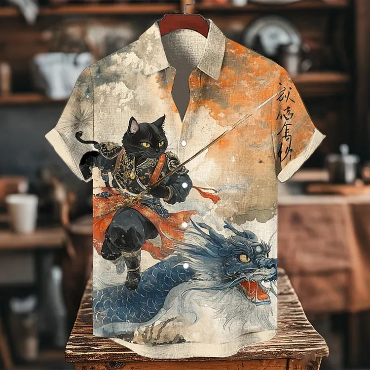 Men's Black Cat Samurai And Dragon Japanese Style Print Short Sleeve Shirt