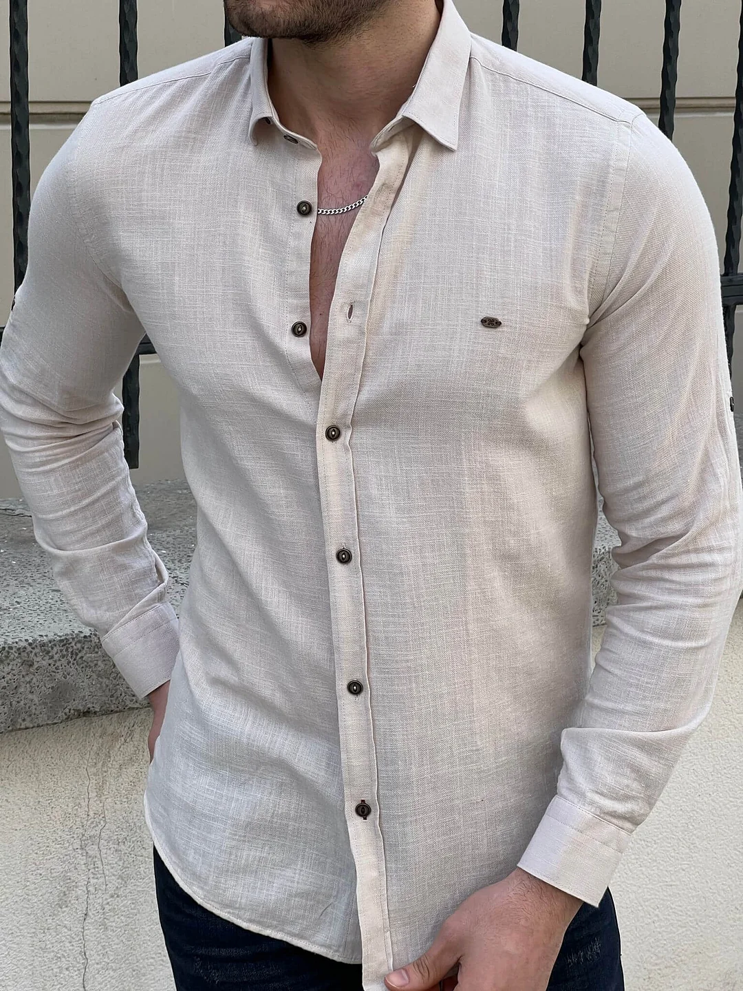 Foldable Sleeve Beige Shirt