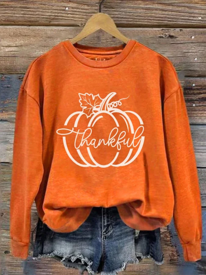 Women's Thanksgiving Thankful Pumpkin Print Sweatshirt