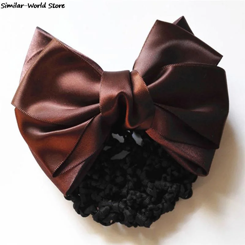 Satin Bow Rhinestone Barrette Lady Hair Clip Cover Bowknot Net Bun Snood