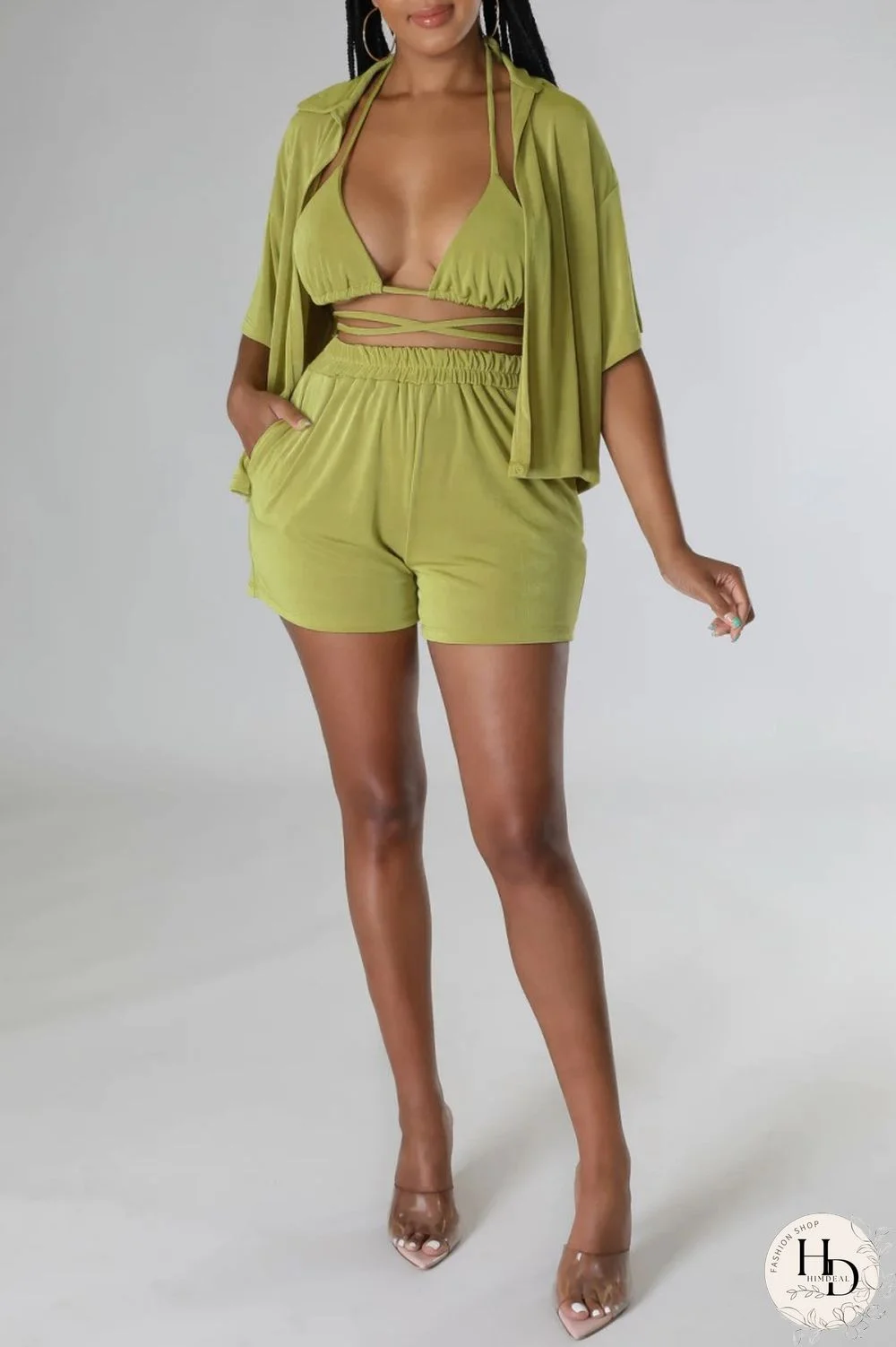 Blue Sexy Casual Solid Frenulum Shirt Collar Short Sleeve Three Piece Set