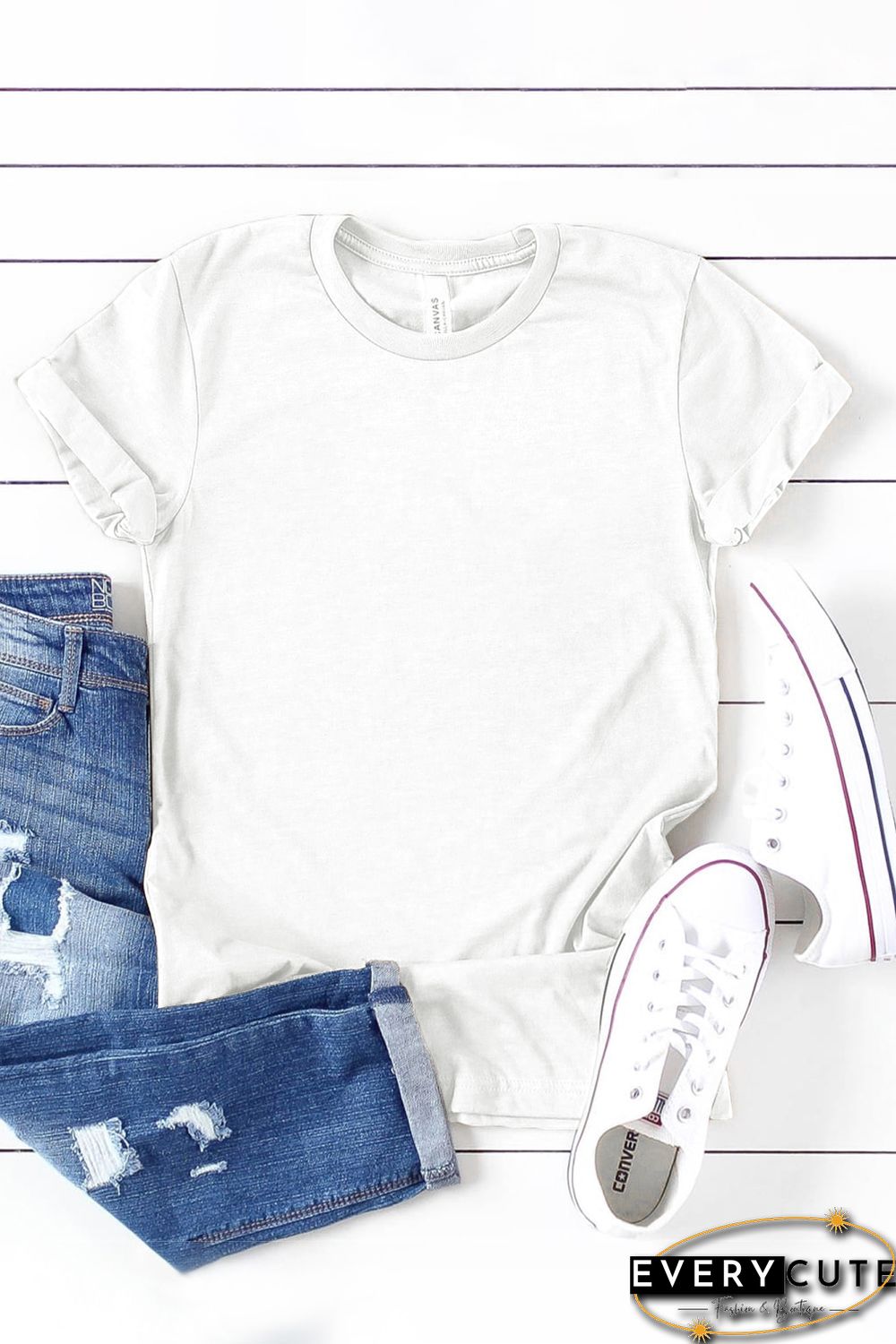 White Solid Color Crew Neck Tee