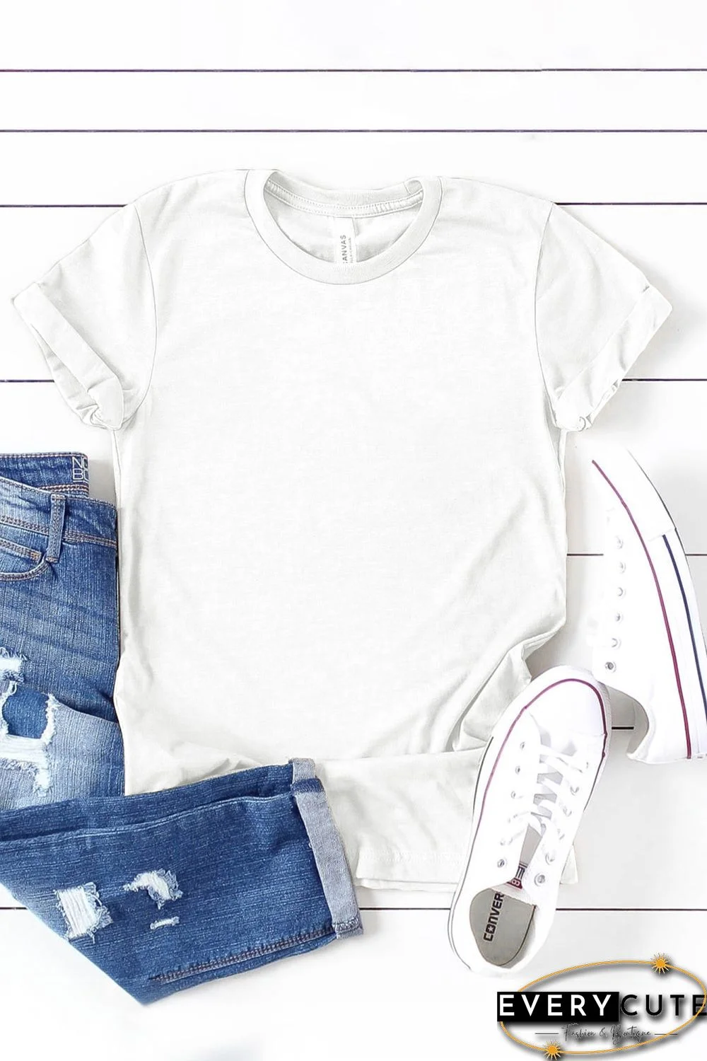 White Solid Color Crew Neck Tee