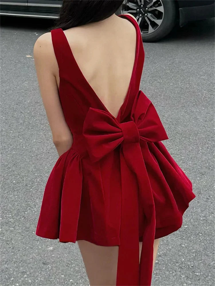 Toloer Red Velvet Open Back Bow Mini Dress-Outfit Ideas