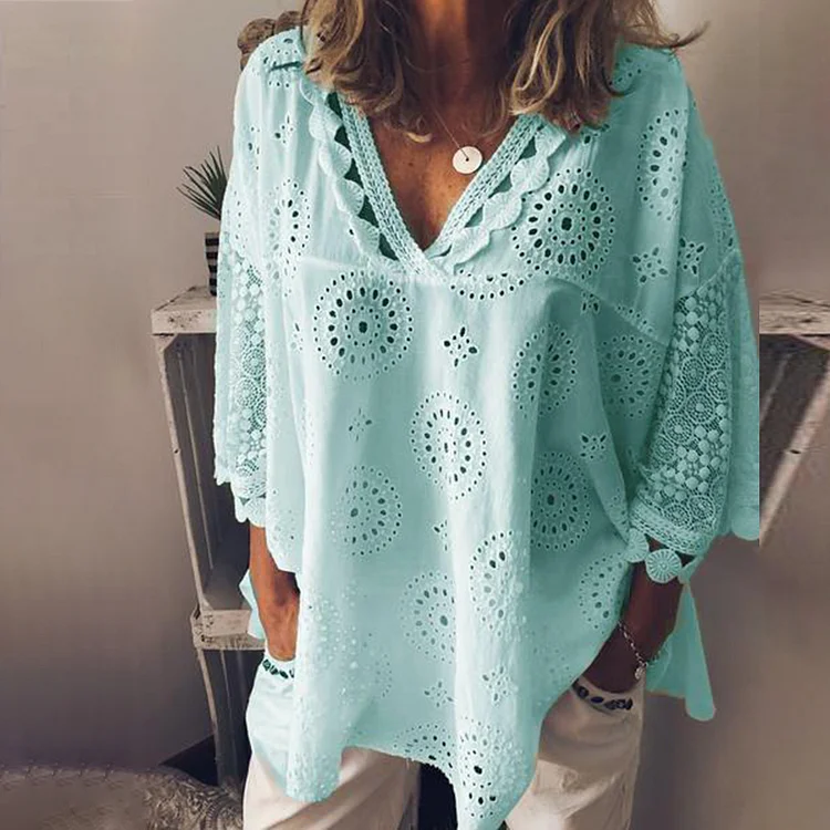 Embroidered Cutout V-Neck Loose Blouse