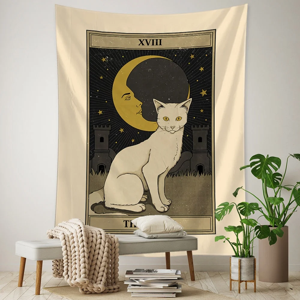 Tarot Card Tapestry Wall Hanging Bohemian Style Cat Mysterious Divination Witchcraft Beach Moon Phases Beautiful Room Decor