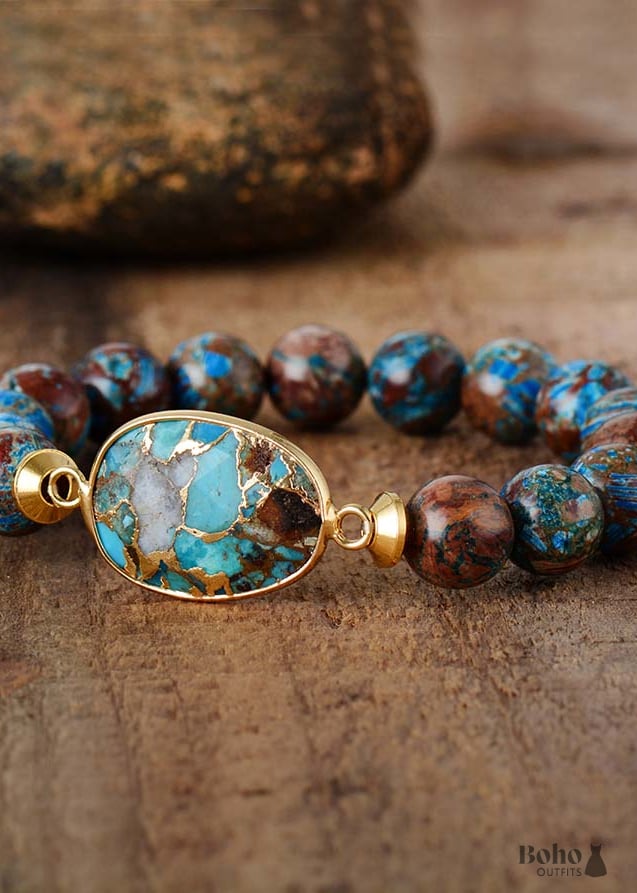 Boho Bracelet, Stretchy Bracelet, Brown Blue 10mm Bronzite Stone Tibetan