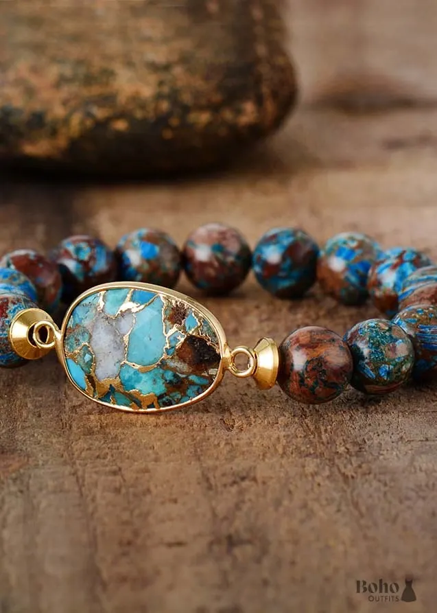 Boho Bracelet, Stretchy Bracelet, Brown Blue 10mm Bronzite Stone Tibetan
