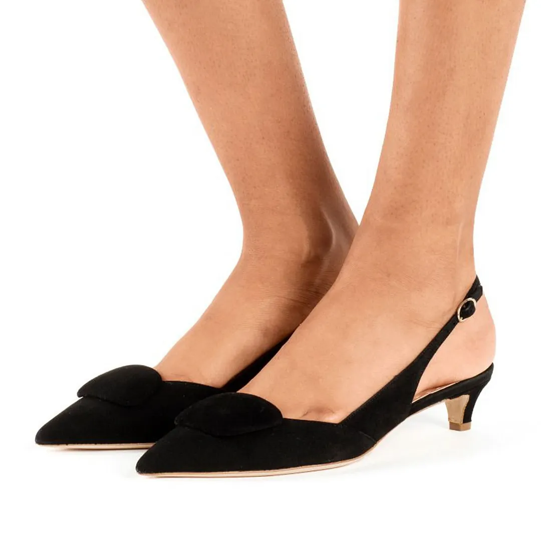 Black Vegan Suede Pointed Toe Formal Slingback Low Heel Pumps