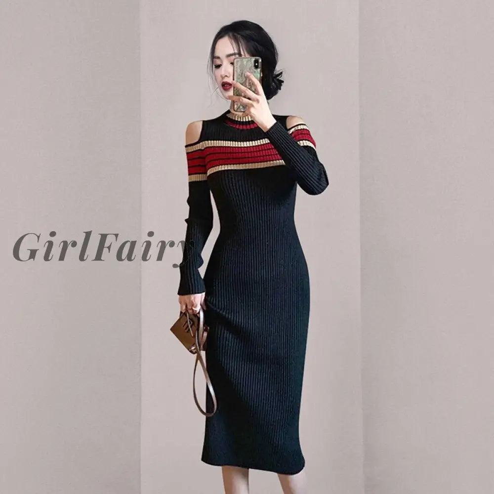 Girlfairy Korean Fashion One-Piece Womens Knitted Dress Autumn Winter New Half High Collar Bodycon